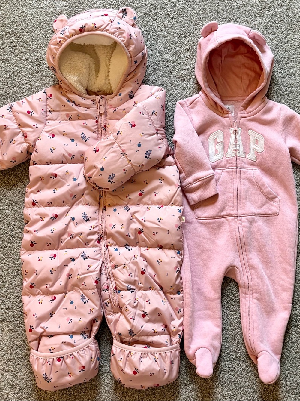 GAP Pink baby puffy snow suit&Fleece One-Piece both w/ bear ears as a SET